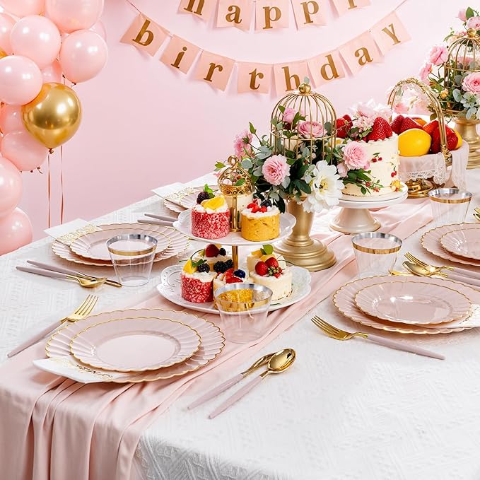 Ciaell 175 PCS Pink Scalloped Plastic Plates with Gold Trim - Pink Plastic Silverware with Handle - Fancy High-End Dinnerware Sets for Wedding & Baby Showers & Party & Valentine's Day