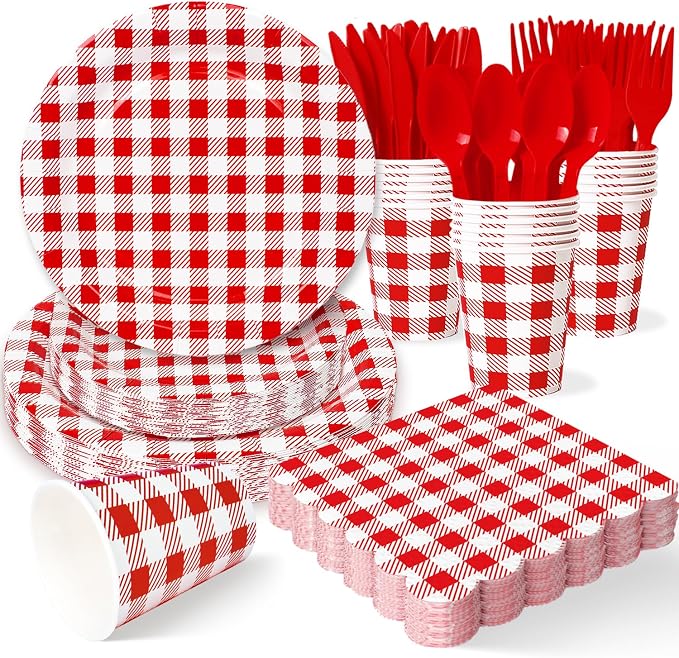 Vyntra Red Checkered Paper Plates and Napkins Set by PartyTablewareSupplies