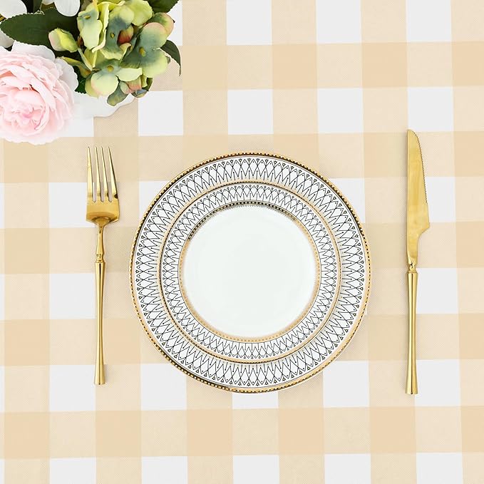 misaya Rectangle Waterproof Vinyl Table Cloth, Buffalo Flannel Backed Tablecloth, Wipeable Plastic Table Cover for Dinner, Kitchen, Outdoor (60" x 102", Beige and White)