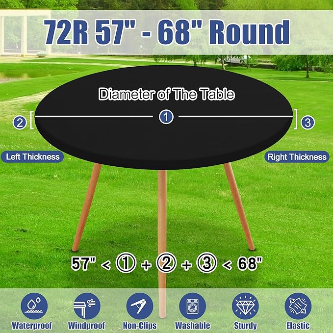 Round Spandex Tablecloth 2 Pack, Elastic Fitted Waterproof Tablecloths for 57"-68" Tables, Stretch Washable Picnic Table Cover for Camping, Dining, Indoor and Outdoor, Black