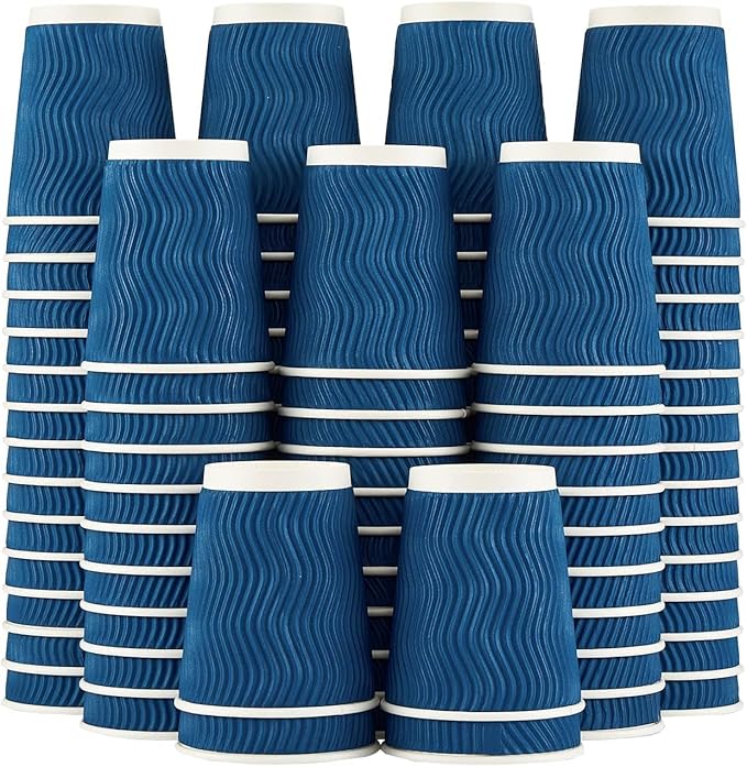 Lamosi 500 Count 8 oz Insulated Coffee Cups Bulk, Disposable Paper Cups No Lids 8oz, Corrugated Ripple Wall Design for Hot Beverage (Navy)