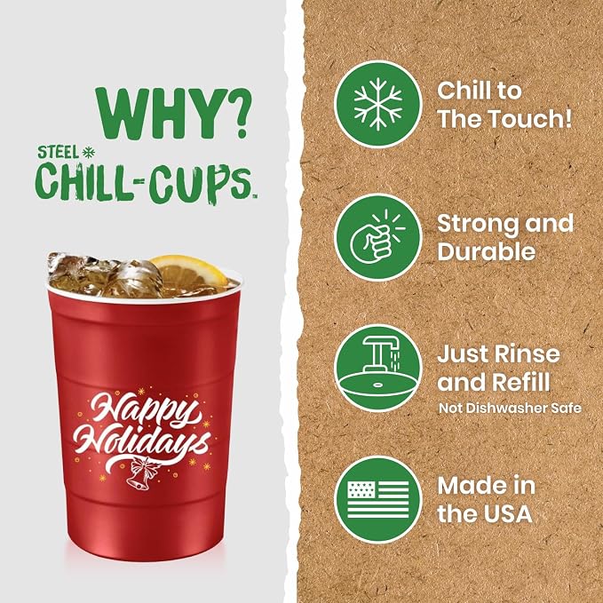 Steel Chill Cups 16 oz. Reusable Party Cups, Happy Holidays, 100% recyclable - Image 4
