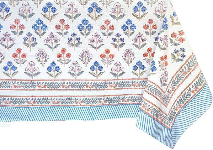 ATOSII Flora Bloom 100% Cotton Rectangle Summer Tablecloth, Block Print Floral Table Cloth for Dining Parties Wedding Outdoors I Grand Millennial Home Decor 60 X 90 Inches I 6 Seater I Memorial Day