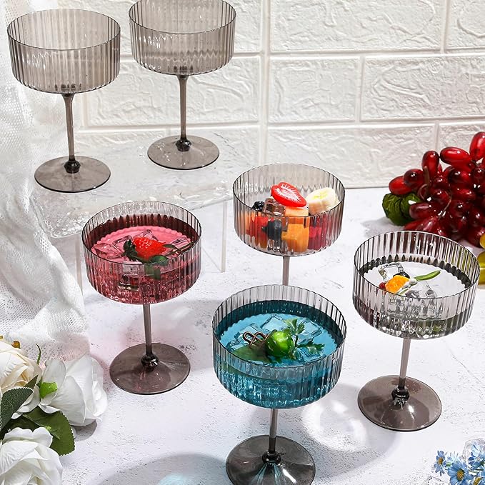 12 Pcs Ribbed Martini Glasses 10 oz Disposable Plastic Vintage Ribbed Coupe Glasses Unbreakable Dessert Parfait Glassware for Wedding Birthday Party Supplies (Black)