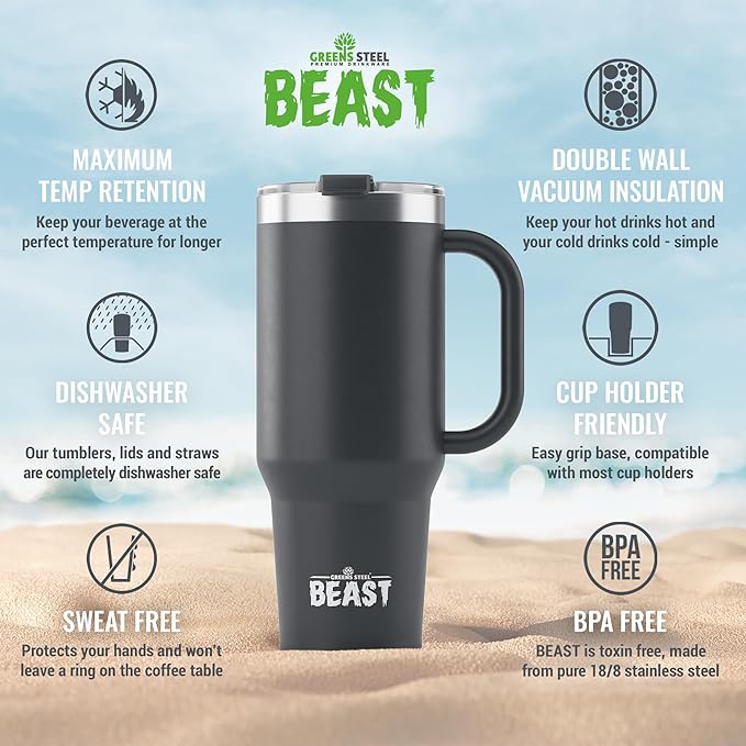 50oz Tumbler with Handle and Straw - Large Insulated Travel Mug for Water, Hot and Iced Coffee - Leak Resistant Stainless Steel Insulated Tumbler with Lid - Gifts for Mom, Women and Men (Matte Black)