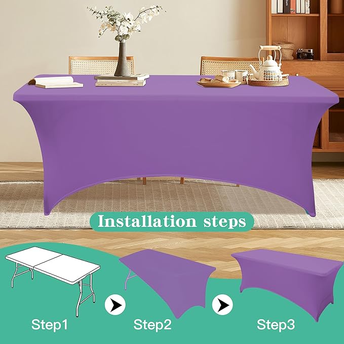 8FT Table Cloth for Rectangular Fitted Events Stretch Light Purple Table Covers Washable Spandex Tablecloth Protector for Party, Wedding, Cocktail, Banquet, Festival