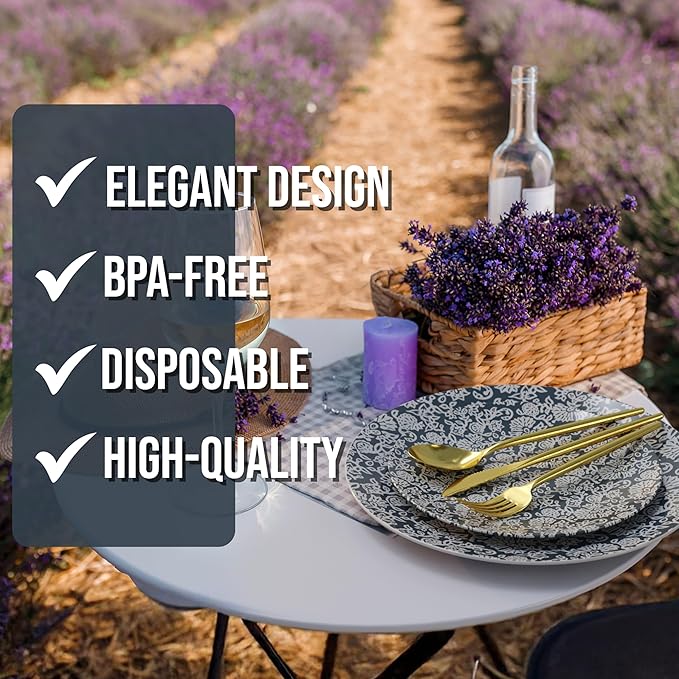 Trendables Fancy Plastic Dinnerware Sets 200 Pc 40 Guests Gold Silverware Disposable 40 X 10 Inch Charger Plates 40 X 8 Inch Dessert Plates 40 x Gold Plastic Forks and Spoons Knives In Garden Damask