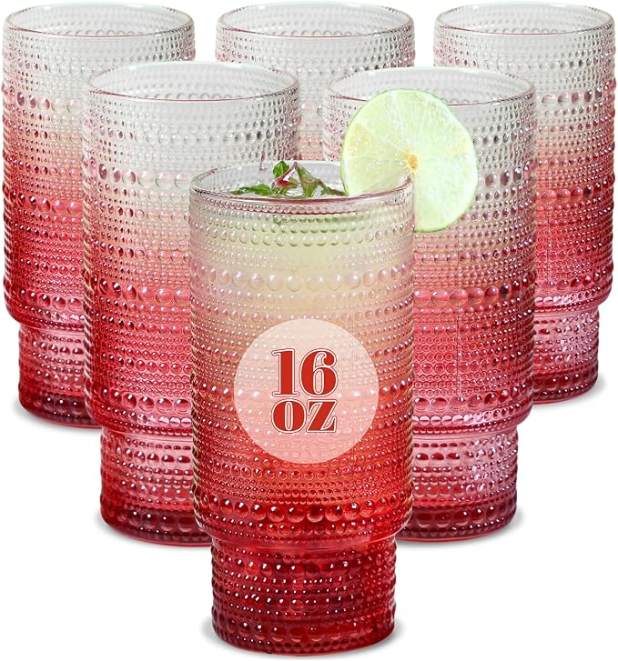 Large Capacity 16 oz Hobnail Drinking Glasses Set of 6, Vintage Glassware by Cowjut