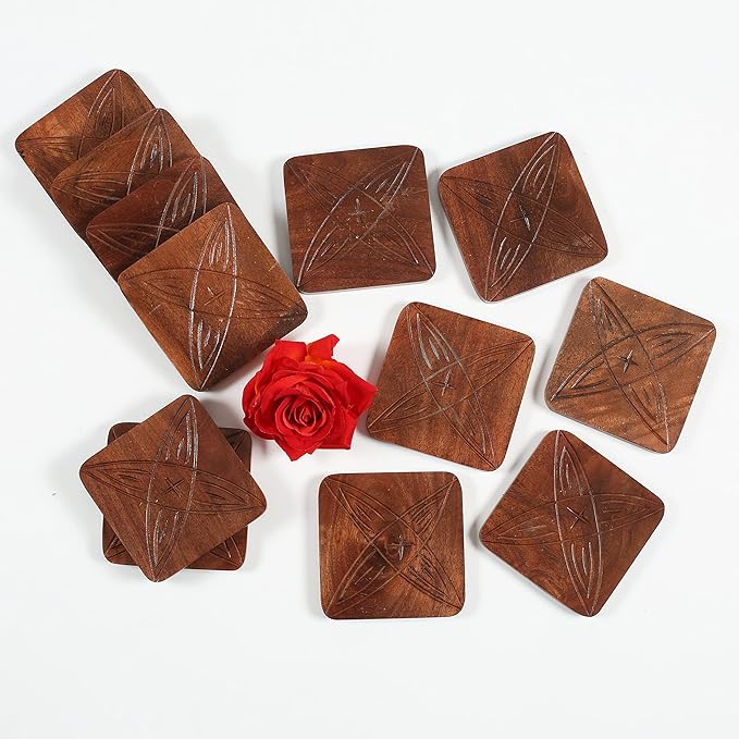 Table Coasters Wooden Coaster Drink Coasters for Tabletop Protection Outdoor Coasters Coffee Table Coasters Set of 12 - Cup Mat Drink Hot Pads Mats Set - Rust Brown