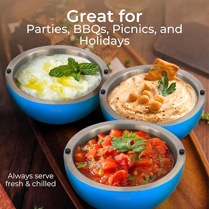 Vora 35oz Stainless Steel Dip Chiller Bowl Keep Dips, Salads, and Appetizers Perfectly Cold with a Double-Walled Ice Cavity Insulated Serving Bowl and Leak-Resistant Ice Bowl for Effortless Hosting.
