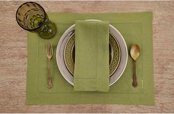Solino Home Linen Napkins Set of 4 - Classic Hemstitch 100% Pure Linen Avocado Green Dinner Napkins Cloth 20 x 20 Inch for Winter, Spring, Easter, St Patricks Day - Handcrafted and Machine Washable