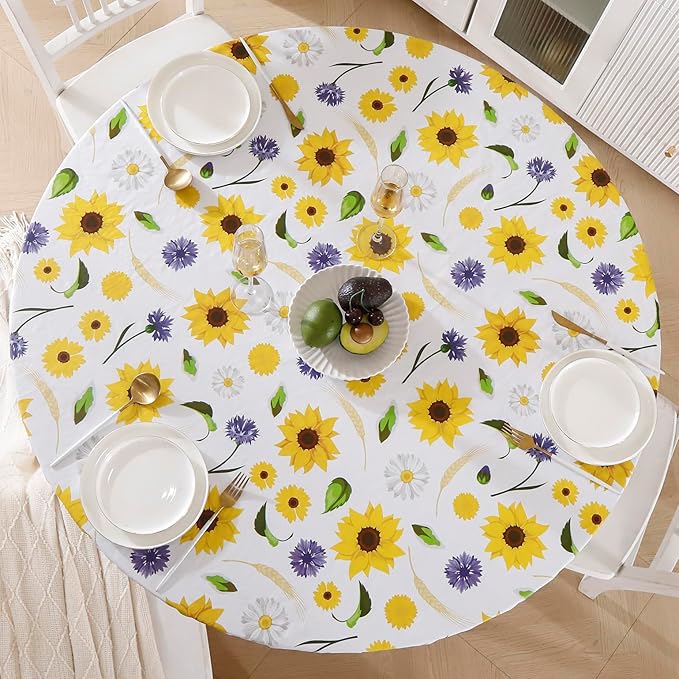 Walrus Round Vinyl Fitted Tablecloth with Flannel Backing Elastic Edge Design Table Cover Waterproof Oil-Proof PVC Table Cloth Stain-Resistant Best for 57"-66" Round