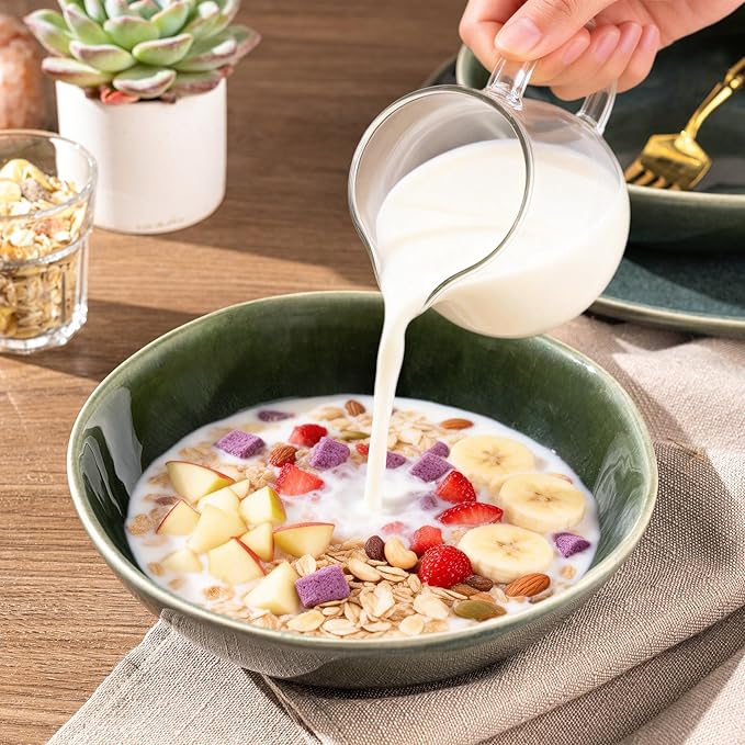 AmorArc Ceramic Cereal Bowls Set of 6, 24 oz Handmade Stoneware Bowls for Cereal Soup Salad Bread, Stylish Kitchen Bowls for Meal, Dishwasher & Microwave Safe-Earth Green