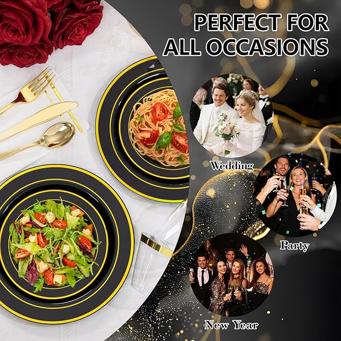 GATHER 350PCS Black Plastic Plates - Black and Gold Disposable Dinnerware Set Include 100 Plates, 150 Gold Silverware, 50 Napkins, 50 Cups for Party & Wedding & Birthday