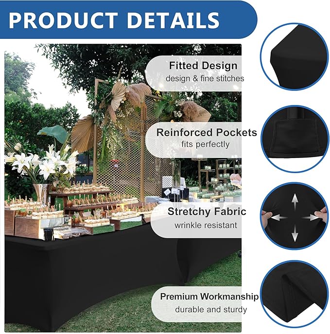 Spandex Table Cover for 6 foot Rectangle Tables-4 Pack Fitted Stretch Black Tablecloth-Elastic 6ft Folding Tablecloths for Party, Vendor Booth Display, Banquet Buffet Event, Craft Trade Show