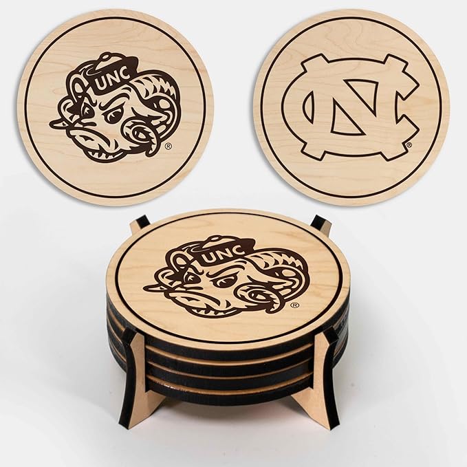 LazerEdge North Carolina Tar Heels Wooden Coaster Set - Maple Wood - Officially Licensed Product - 4-Pack