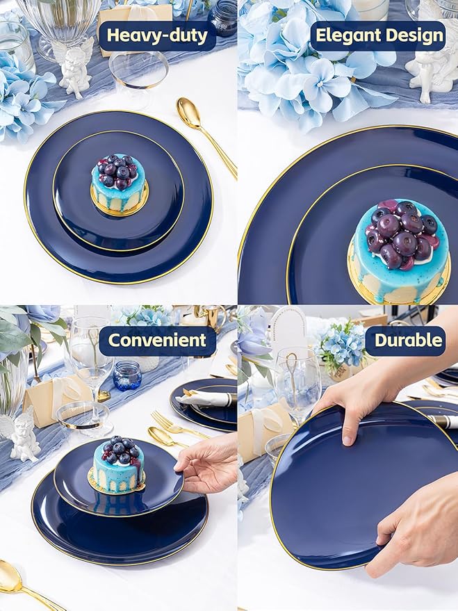 WDF 300PCS Navy Blue Plates Disposable - Blue Plastic Plates 50guest Heavy Duty Plastic Dinnerware Sets for Party/Wedding/Birthday