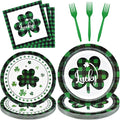 96 Pieces St. Patrick’s Day Tableware Set – Green and Black Plaid Shamrock by GistomeHome