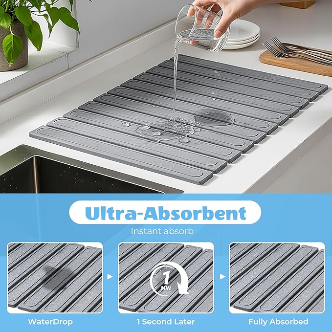 2 Pack Large Stone Dish Drying Mat for Kitchen Counter, Collapsible Quick Drying Dish Mats, Water Absorbing Diatomaceous Earth Drying Pad for Kitchen Countertop Bottles Utensils Cups Bathroom Sink