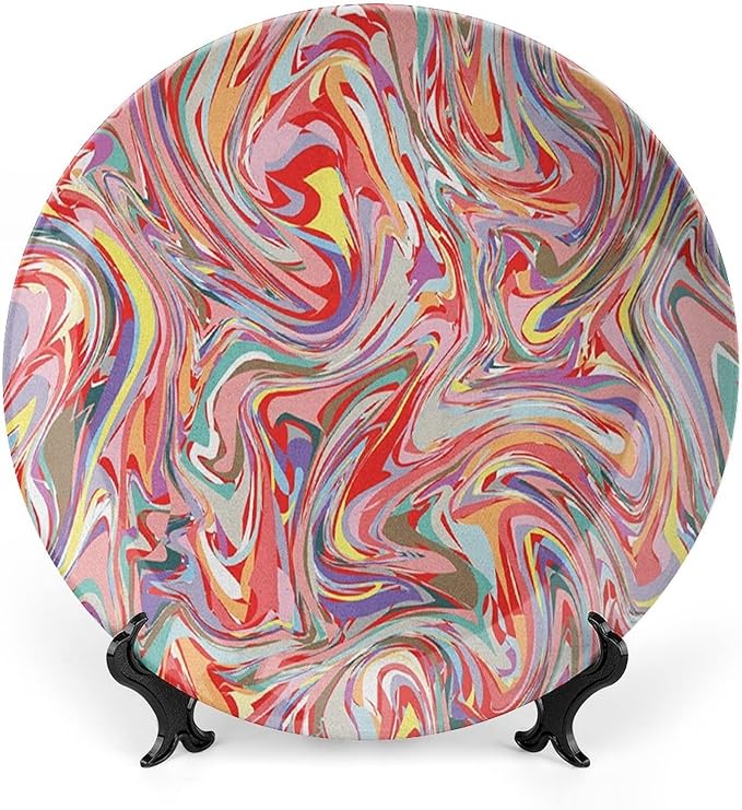 Decorative Plates, Abstract Print Ornament, Mix of Colors Messy Dirty Look Artistic, 7 Inch, 1 Plate with 1 Display Stand, Multicolor