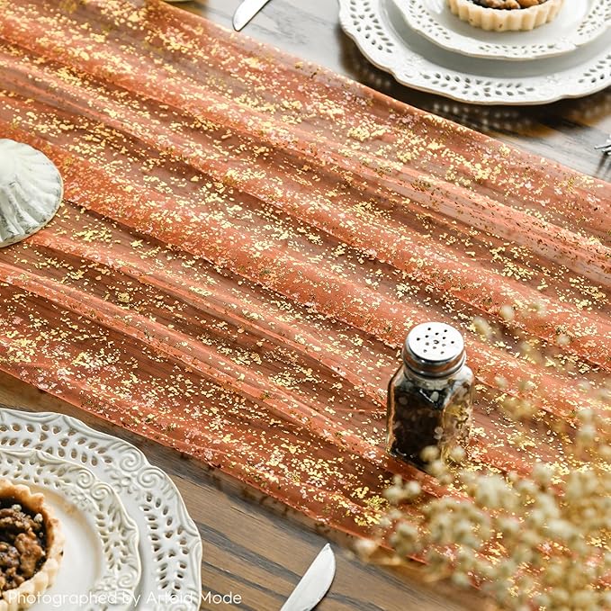 Artoid Mode 3PCS Orange Gold Gauze Table Runner 120 Inch 10FT, Glitter Metallic Foil Sheer Dining Wedding Anniversary Holiday Table Decor for Home Party