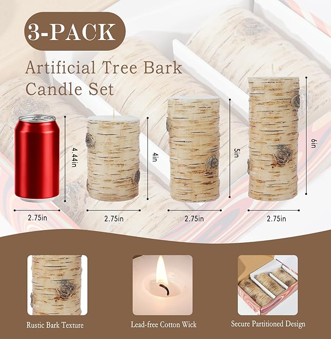 Black Birch Bark Texture Pillar Candles Set - Real Wax 3 Sizes (4", 5", 6" Tall) Rustic Decor Fireplace Candles, Unscented Woodland Style Pillar Candle for Home, Dining Table, Holiday Decor