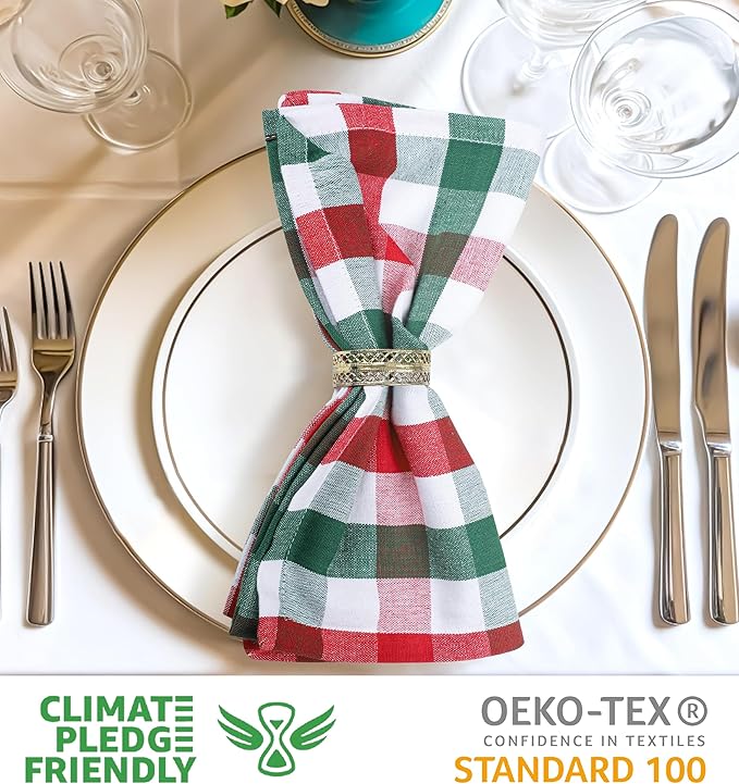 Urban Villa Cotton Dinner Napkins Set of 6, Highly Absorbent 20x20 Inches Premium Cloth Napkins Hotel Quality Reusable & Washable Table Dinner Napkins for Home & Weddings - Red/Green/White, Checks