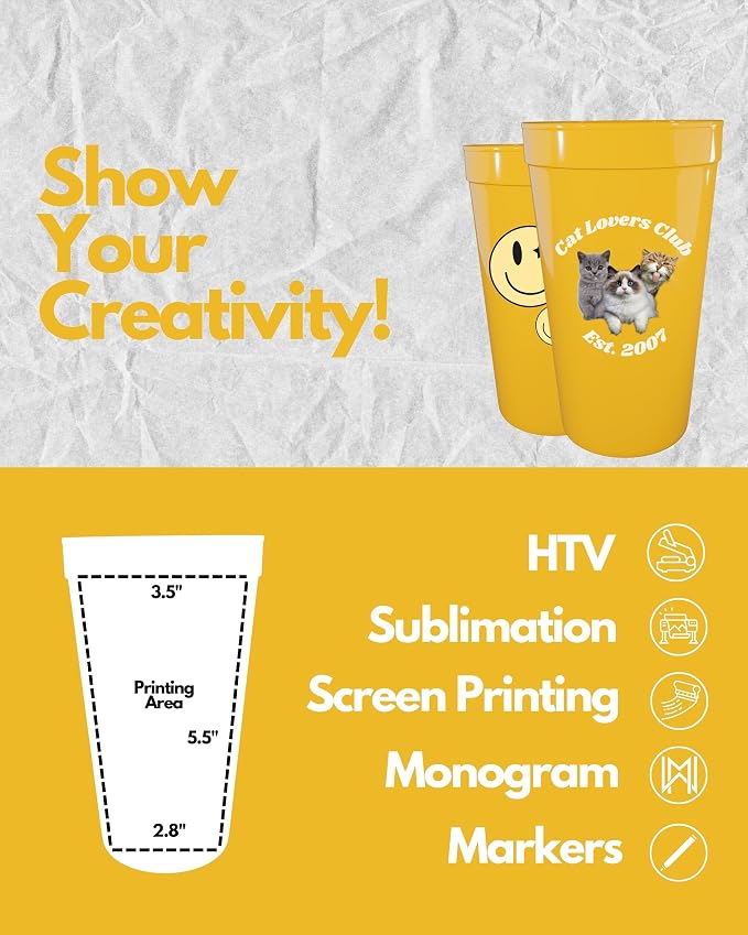PartyPrints 10 Pack 32 oz Yellow Blank Plastic Cups, Colored Plastic Drinking & - Image 3