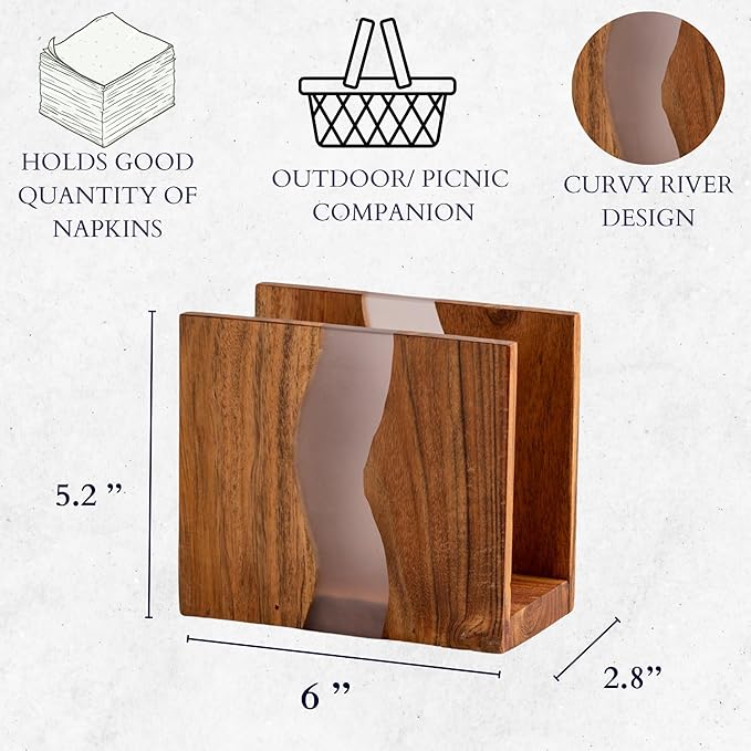 Acacia wood & Transparent Epoxy resin Napkin holder for table, Rustic farmhouse napkin organisation for kitchen, dining, counter tops, restaurant or outdoors | 6x5x2.5 inches|(Gray)