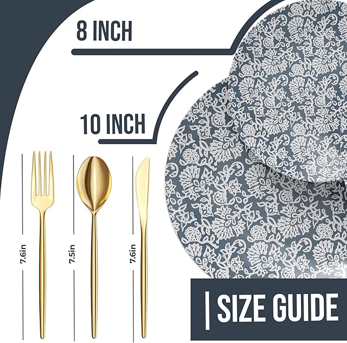 Trendables Fancy Plastic Dinnerware Sets 200 Pc 40 Guests Gold Silverware Disposable 40 X 10 Inch Charger Plates 40 X 8 Inch Dessert Plates 40 x Gold Plastic Forks and Spoons Knives In Garden Damask