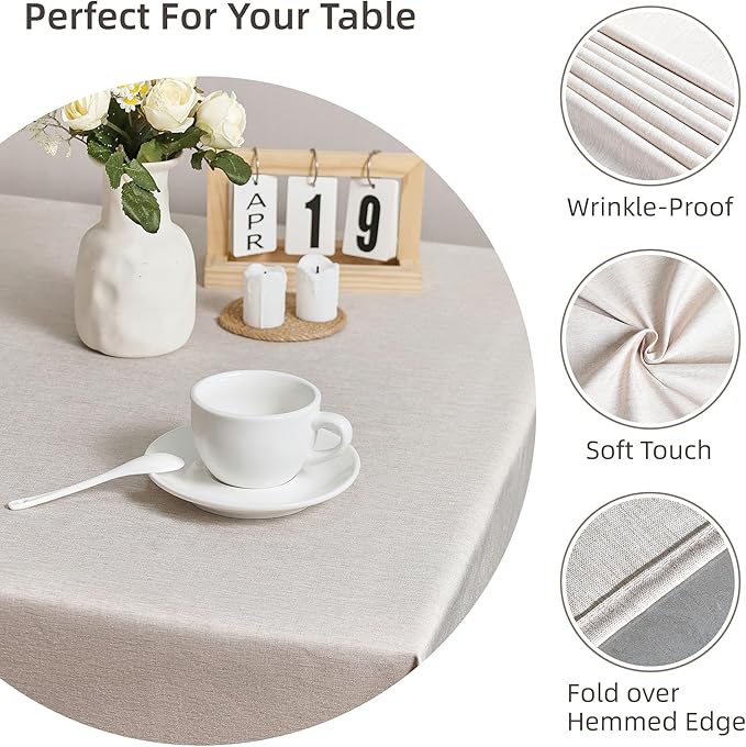 Rectangle Tablecloth Linen Texture Waterproof and Stain-Resistant Table Cloth, Kitchen Dining Table Decoration, 52 x 70 inch Fabric Beige