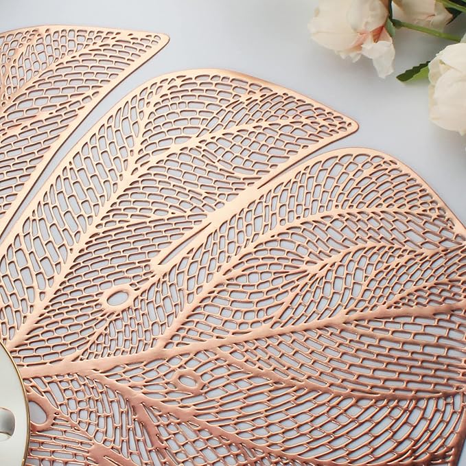 Evevda Rose Gold Leaf Shaped Vinyl Placemats for Dinner Table Set of 8 Metallic Plastic Place Mats Wipeable 8Pcs Table Mats for Wedding Annersary Dinner Table Decoration Mats(17.7x13.8inch/45x35cm)…