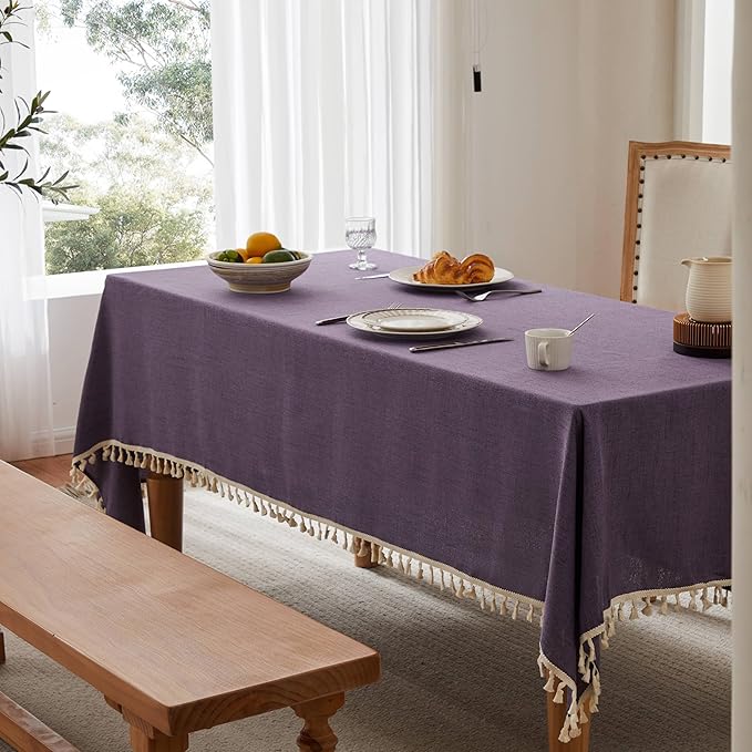 Linen Tablecloth with Tassels, Farmhouse Style Purple Tablecloth, Water Resistant Burlap Tablecloths for Rectangle Table, 60x120 Inch Purple