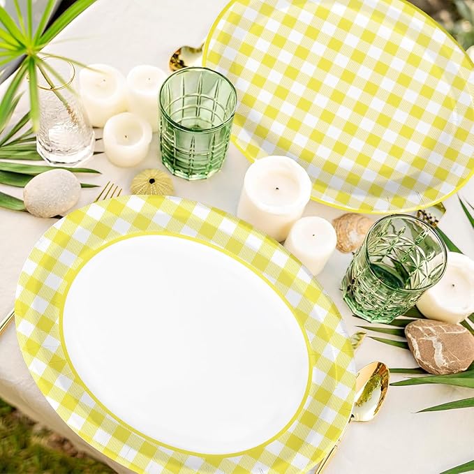 50Pcs Yellow Gingham Oval Paper Plates 10"x12" Large Yellow and White Buffalo Checkered Plaid Plates Disposable Heavy Duty Gingham Party Supplies for Picnic BBQ Baby Shower Birthday Party Decorations