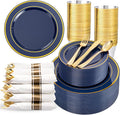 350PCS Navy Blue and Gold Plastic Plates with Rolled Napkins Include Dinner Plate 10’’, Dessert Plate 7’’, gold Cups 9 OZ, Pre Rolled Napkins 25 of each type for Party/Birthday/Wedding