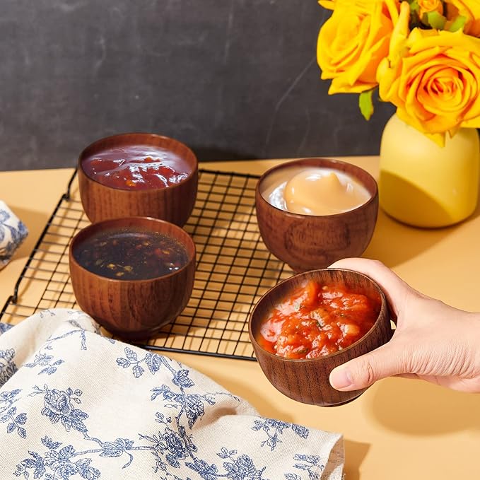 Tioncy 12 Pcs Acacia Wood Small Bowls 3.74 x 2.56 Inch Wooden Bowls Japanese Cups for Food Dipping Sauce Soup Salad Rice Serving Decorations Charcuterie Boards