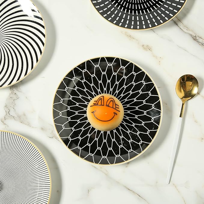8 Inch Set of 4 Assorted Designs, Porcelain Plates With Patterns,Black Ceramic Dessert Plates, Dishware with Golden Rim for Sandwiches Salad Pasta, Microwave Oven Dishwasher Safe (A)