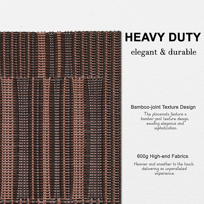 Placemats Set of 6, Vinyl Woven Place Mats Indoor Set of 6 Washable Wipeable PVC Table Mats Heat-Resistant Non Slip Plastic Placemat for Kitchen Dining Outdoor Table (Black Brown, Set of 6)