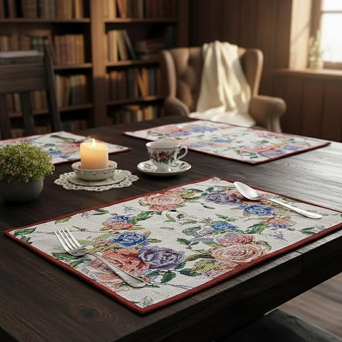 DaDa Bedding Vintage Romantic Roses Floral Dining Table Placemats - Set of 4-Pieces Tapestry Lovely Valentine Blossoms Spring Summer Garden - Decorative Linen Woven Kitchen Mats - 13” x 19” (879)