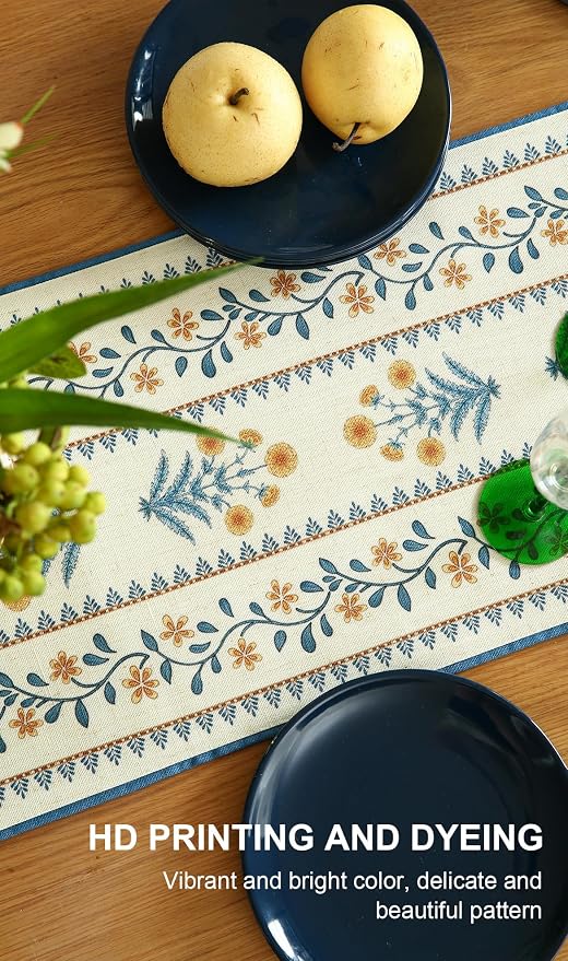 Designer French Linen Long Table Runner, Pale Yellow Floral Pattern, Dining - Image 4