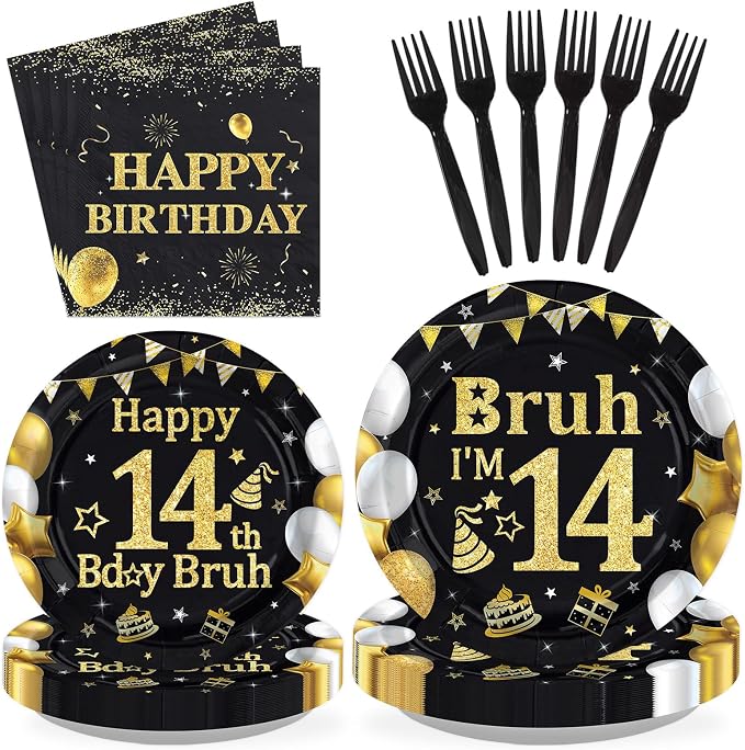 96 Pcs Bruh 14th Birthday Party Black Gold Decorations, Serves 24 | Black Gold by Greencian