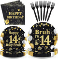 96 Pcs Bruh 14th Birthday Party Black Gold Decorations, Serves 24 | Black Gold by Greencian