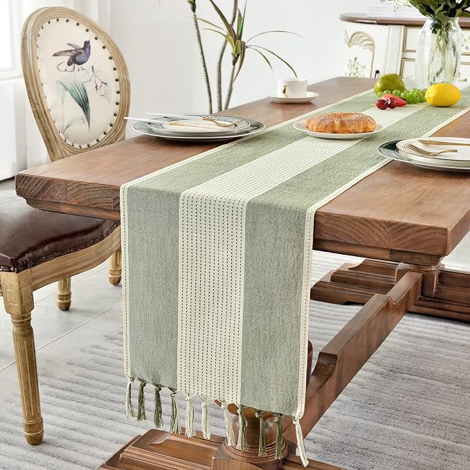 Wracra Linen Table Runner, Stripe Table Runners 36 Inches Sage Green | Delicate - Image 5