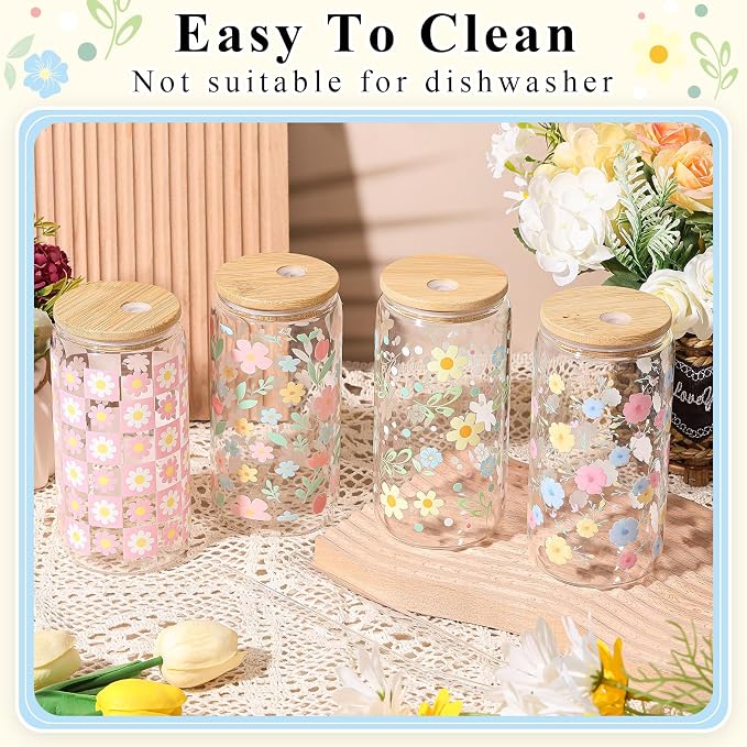 Mumufy 4 Pack Wildflower Glass Cups Gift Aesthetic Cute Glass Cup Tumbler - Image 5