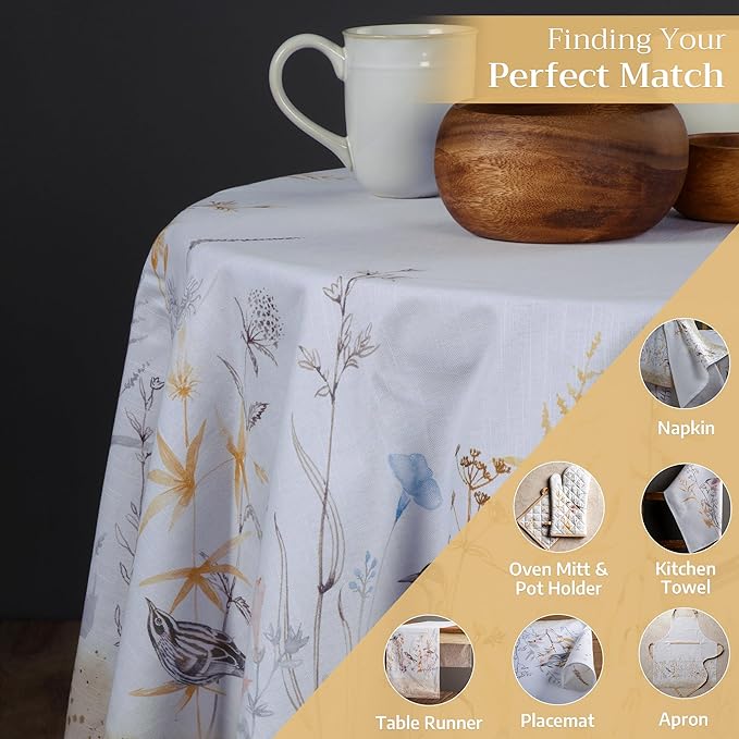 Maison d' Hermine Table Cloth Round Table 100% Cotton 69 Round Inches Tablecloth Reusable Decorative for Dining Room Farmhouse Home Valentines Day Decorations Spring Summer - Meadow Florals - Beige
