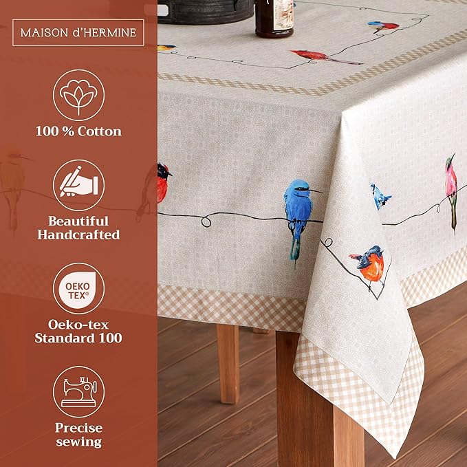 Maison d' Hermine Table Cloth Rectangle Table 100% Cotton 60 x 90 Inches Tablecloth Reusable Decorative for Dining Room Farmhouse Home Valentines Day Decorations Spring Summer - Birdies on Wire