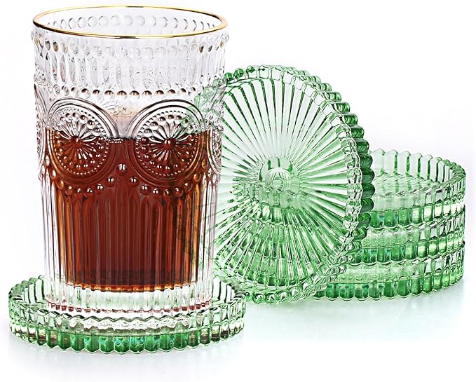 JUXYES 5 Pack Clear Green Crystal Coasters Round Cup Mat, Glass Coasters for Drinks Coffee Tea Wine, Decorative Wine Bottle Coaster, Crystal Drink Coasters for Restaurant bar Kitchen Dining Table