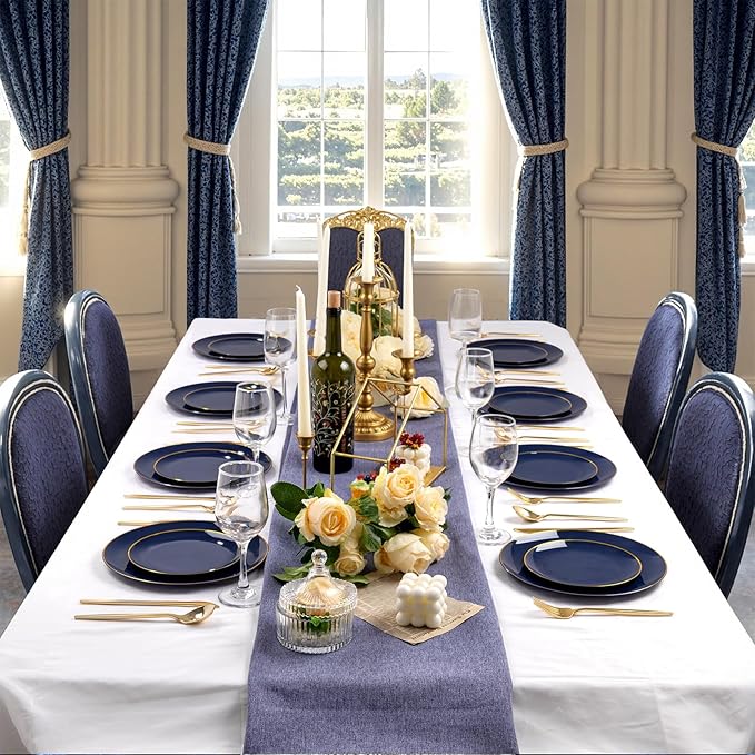 bUCLA 100PCS Blue Plastic Plates - Navy Blue Disposable with Gold Rim, Include 50 Each (10 inch Dinner & 7 inch Dessert) Plates, Ideal for Party and Hanukkah