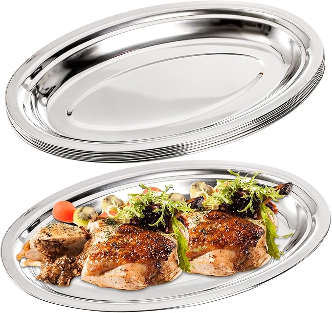 Suwimut 6 Pack Stainless Steel Oval Platter, Heavy Duty Mirror Polish Large Sizzling Platter Serving Tray Fish Plate for Steaming Fish Dessert Meat Sushi, 14-Inch by 8.7-Inch, Silver