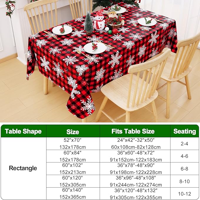 Smiry Christmas Rectangle Table Cloth, Waterproof Vinyl Tablecloth with Flannel Backing, Wipeable Bufflo Checked Snowflake Plastic Tablecloths for Christmas Table Decorations, (52"x70", Black & Red)